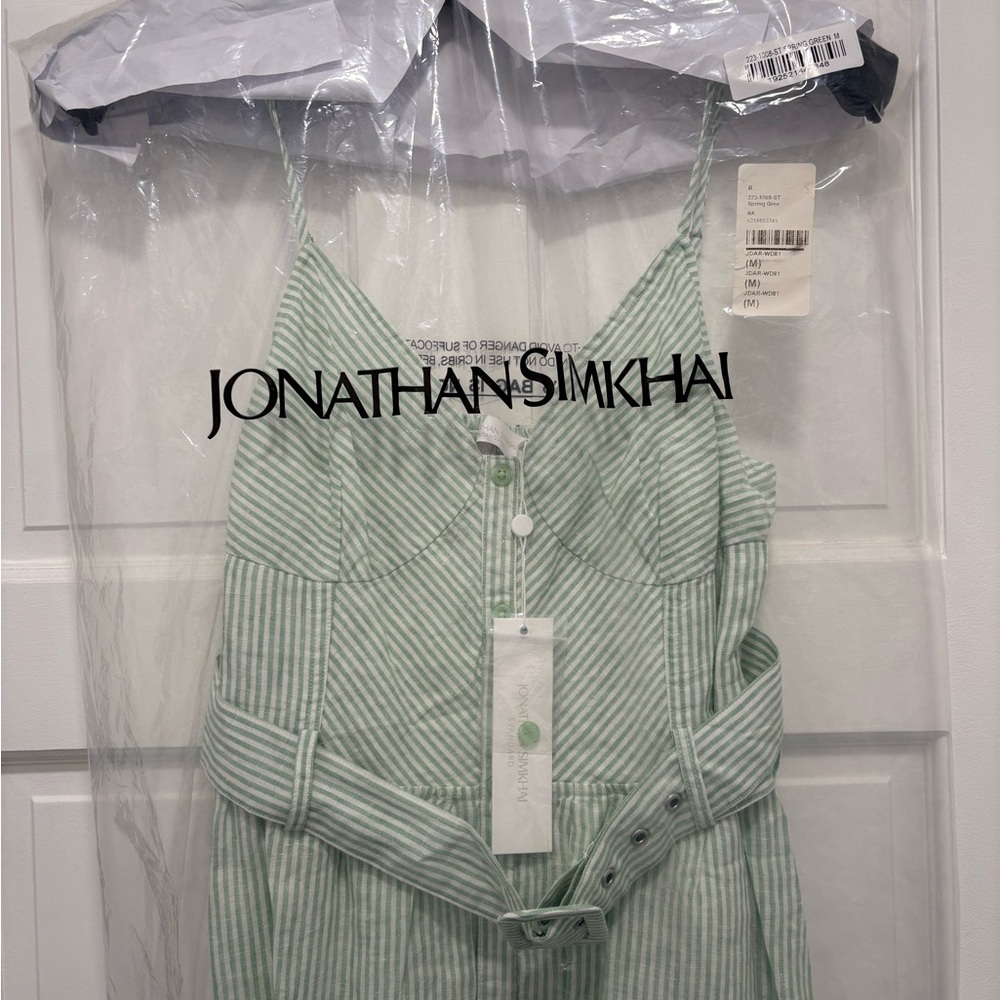 Jonathan Simkhai Green Striped Seersucker Sundress $395 M BNWT